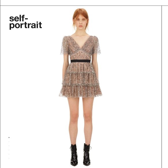 self portrait grey leaf sequin mini dress Self-Portrait l Grey Leaf Sequin Mini Dress (inspired) Cut from light grey leaf sequin mesh this dress is designed with a v-neckline, elastic grosgrain waistband and falls to a tiered mini skirt
